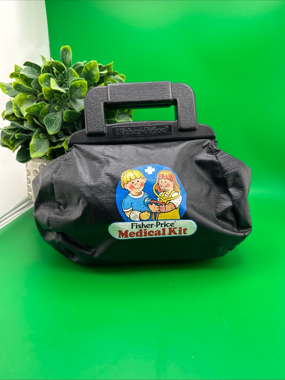 Vintage 1987 Fisher Price Toy Medical Kit Doctors Nurse Play Set Black Bag